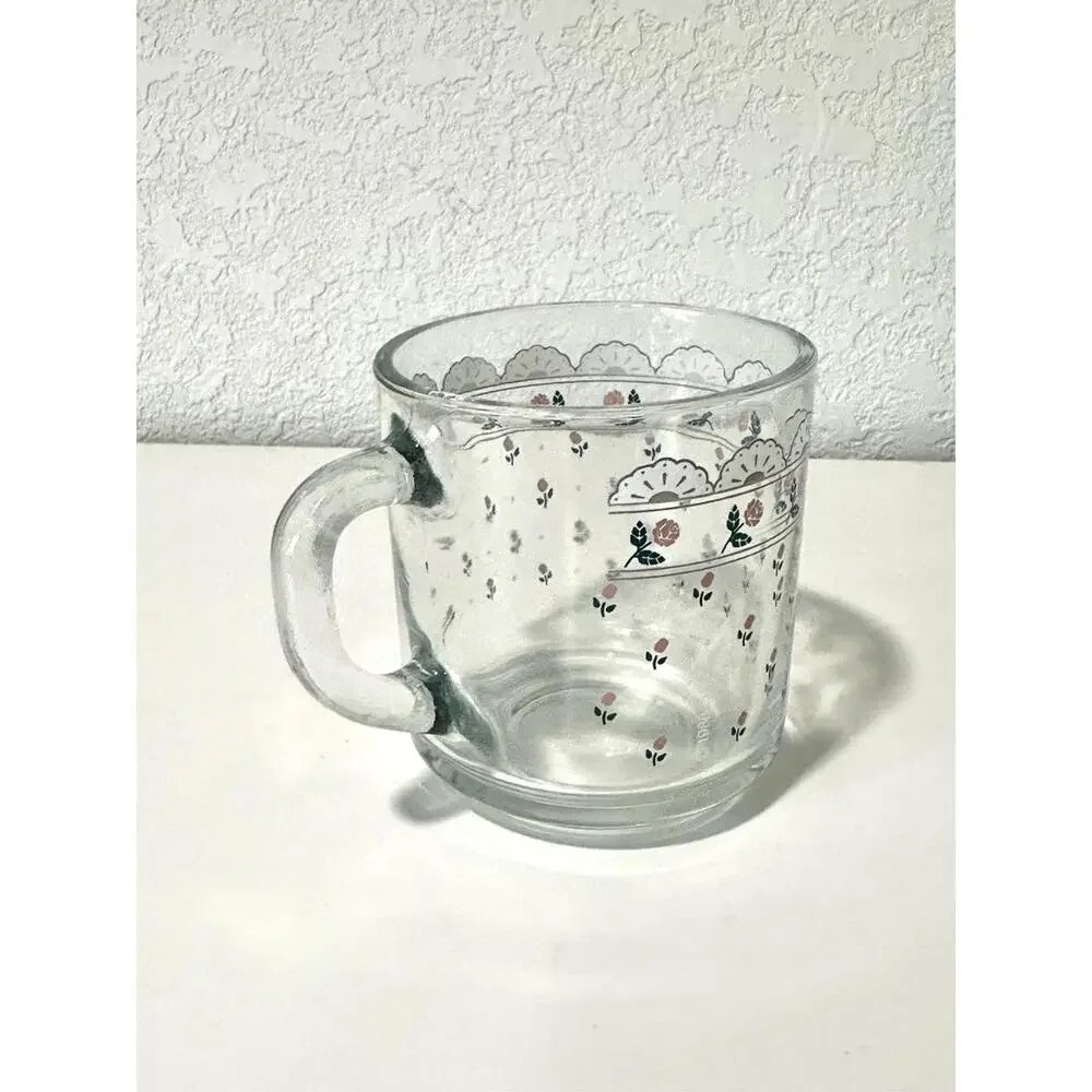 Vintage Anchor Hocking Clear Mug Glass Pink Roses Lace Design Floral with Handle - Picture 7 of 7